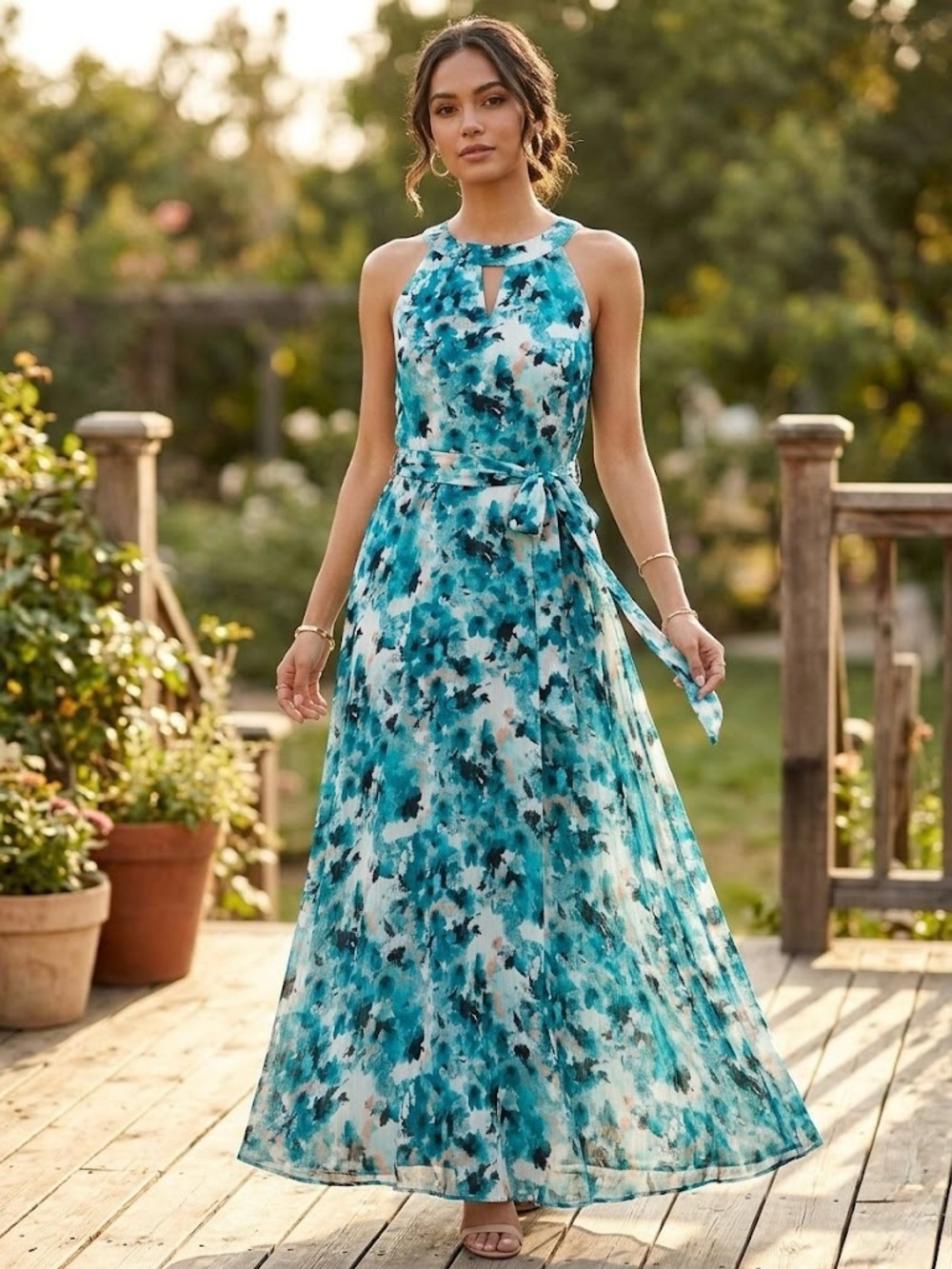 Cleo Teal Watercolour Floral Chiffon Midi Dress Wedding Formal Cocktail Party - Picture 1 of 5